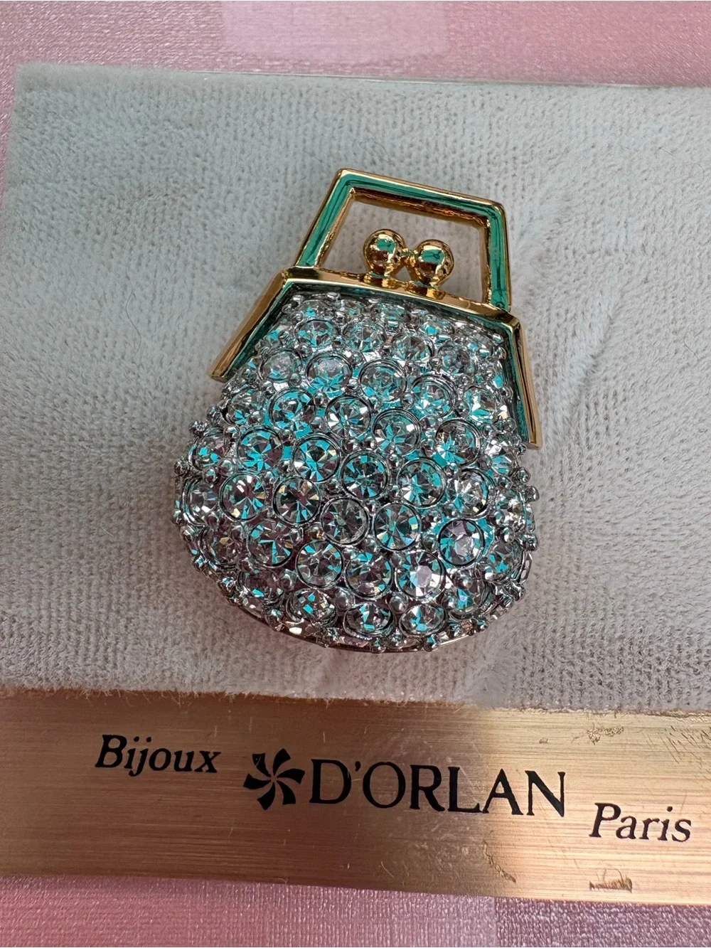 D’orlan Paris Gold-Tone Crystal Pavé Purse Brooch in Silver